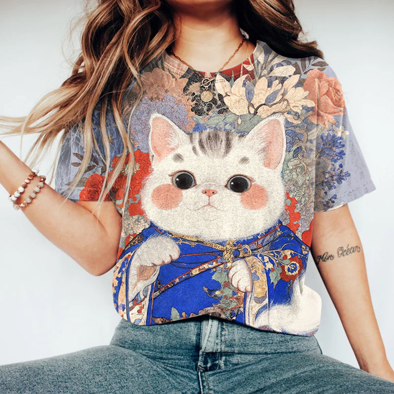 Cute Cat In Kimono Floral T-shirt
