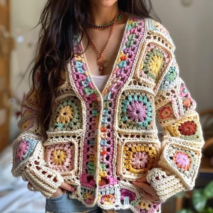 Classic Granny Check Knitted Crochet Floral Sweater Cardigan elevenforest