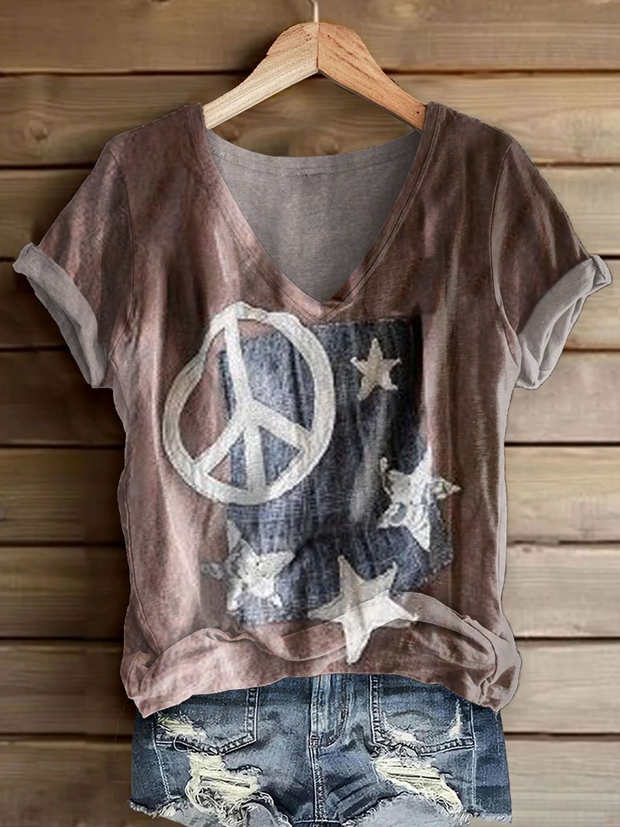 Women's Hippy Star Art Print V-Neck Casual T-Shirt