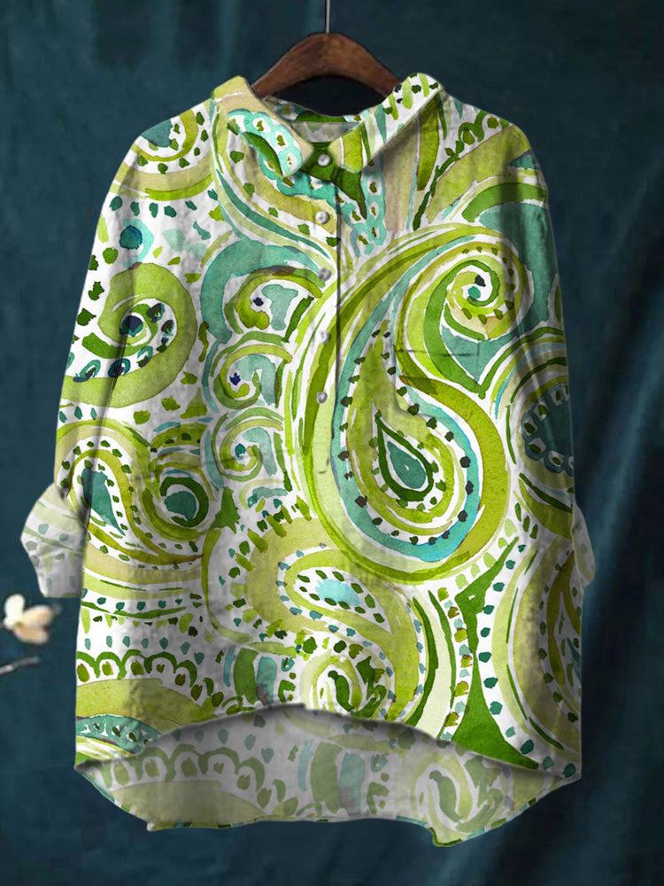 Simple And Elegant Curve Lines Print Cotton And Linen Shirt