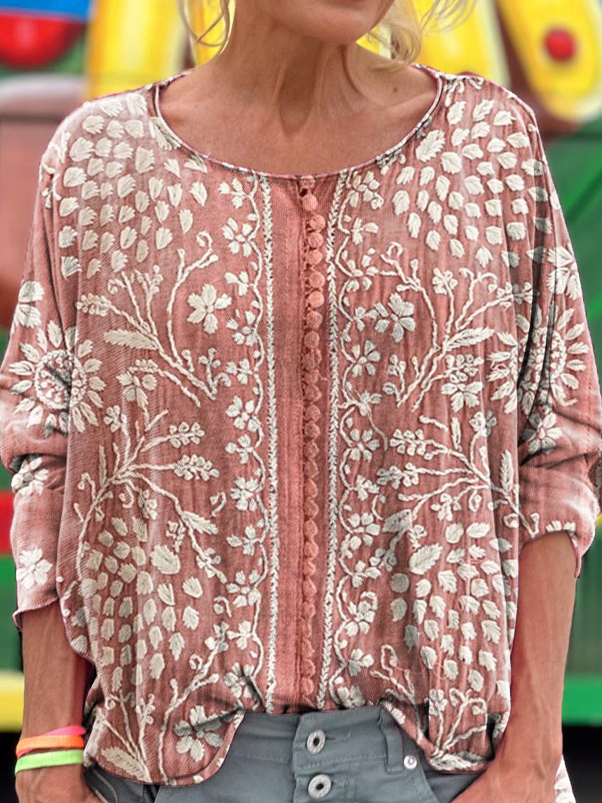Women's Vintage Ethnic Floral Art Art Print Casual Long Sleeve T-shirt