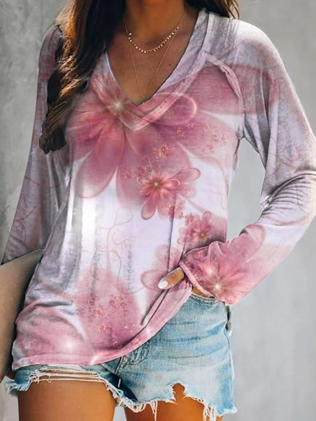 Women's Casual Vintage Floral Art Print V Neck Long Sleeve Tops