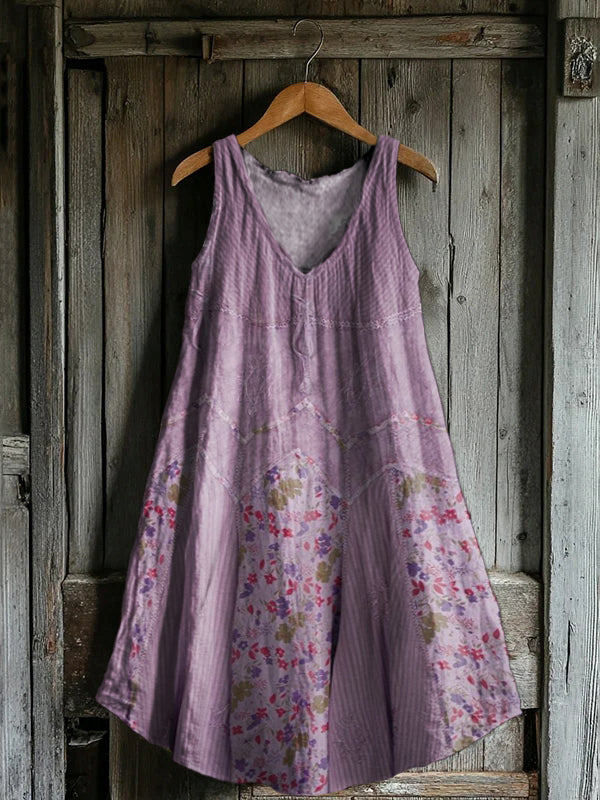 Women's Floral Patchwork Pattern Art Print V-Neck Pocket Cotton Dress