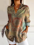 Women's Vintage Ethnic Floral Art Print Casual Cotton Shirt