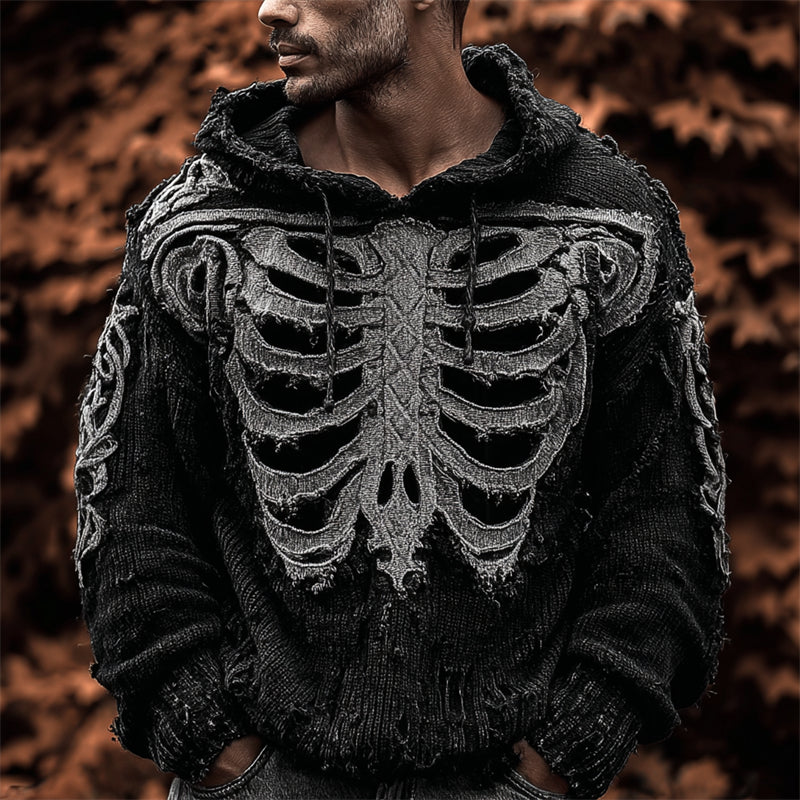 Men's Vintage Skeleton Viking Celtic Cozy Knit Hooded Sweater artswardrobe