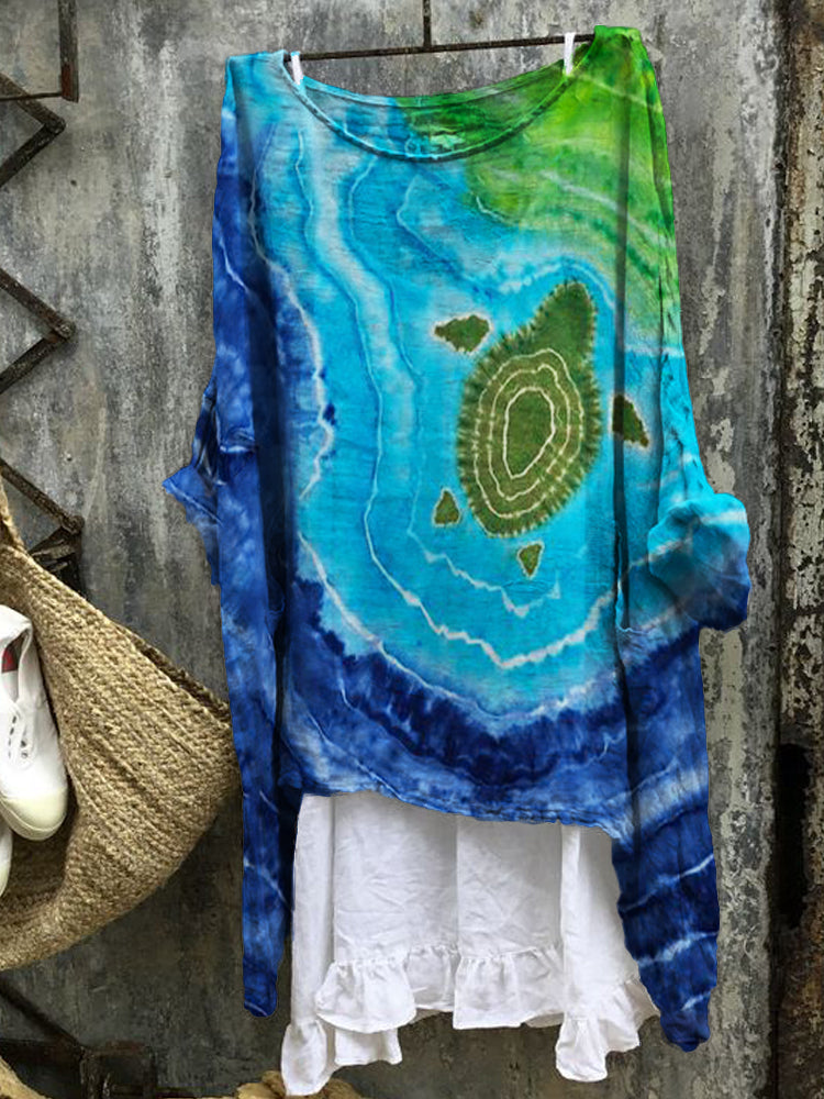 Comstylish Sea Turtle Gradient Tie Dye Linen Blend Tunic