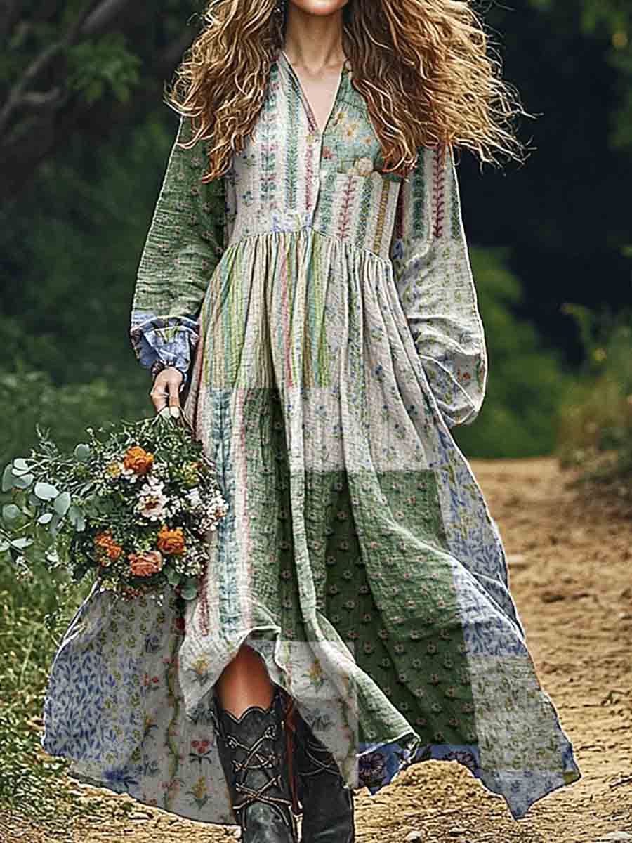 Women's Geometric Vintage Art Floral Pattern Cotton And Linen Dress
