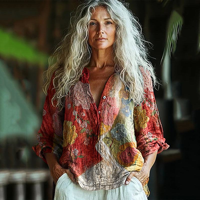 Vintage Boho Bohemian Floral Button Linen Shirt elevenforest