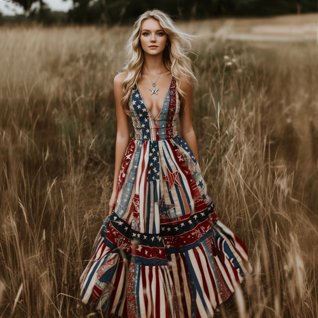 Independence Day Flag Art Inspired Patchwork Maxi Dress elevenforest