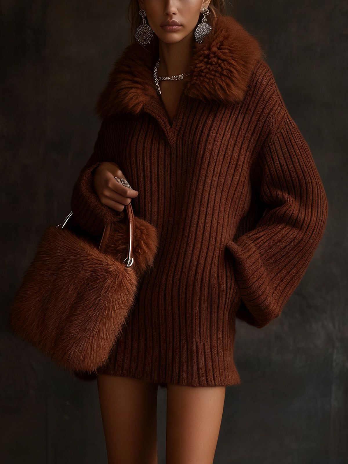 Brown Ribbed Knit Dress With Faux Fur Collar
