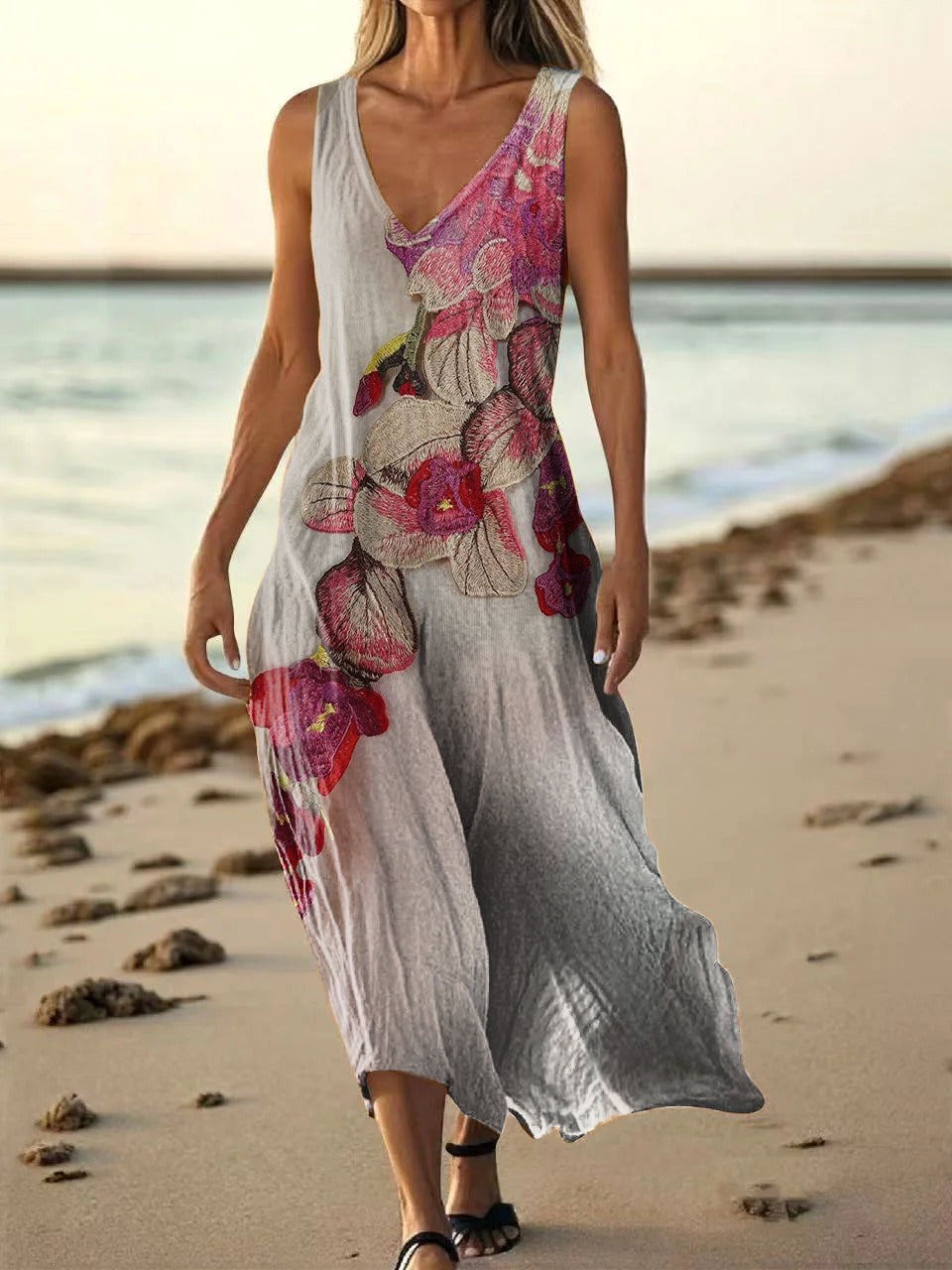 Women's Floral Art Print Pocket Cotton Dresses