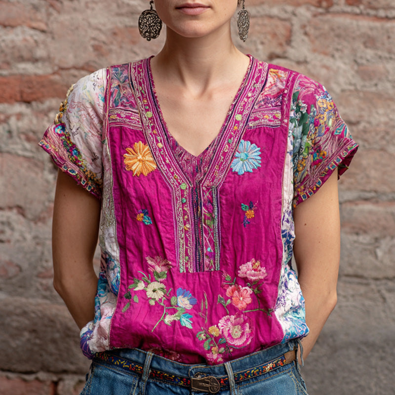 Women's Retro Ethnic Pink Awareness Flower Embroidery Printed T-shirt