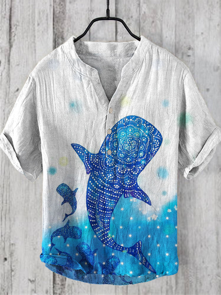 Whale Shark Watercolor Art Linen V-Neck Shirt