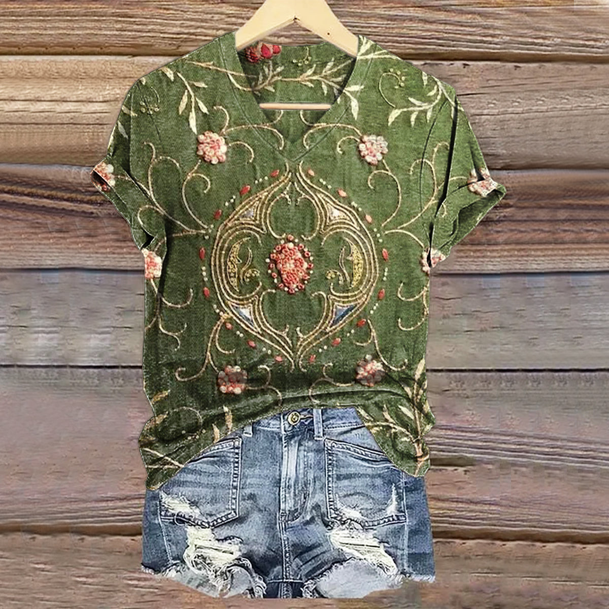 Women's Vintage Ethnic Floral Art Print V-neck Casual T-Shirt