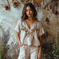Women's Vintage Bohemian Floral Print V Neck T-shirt elevenforest