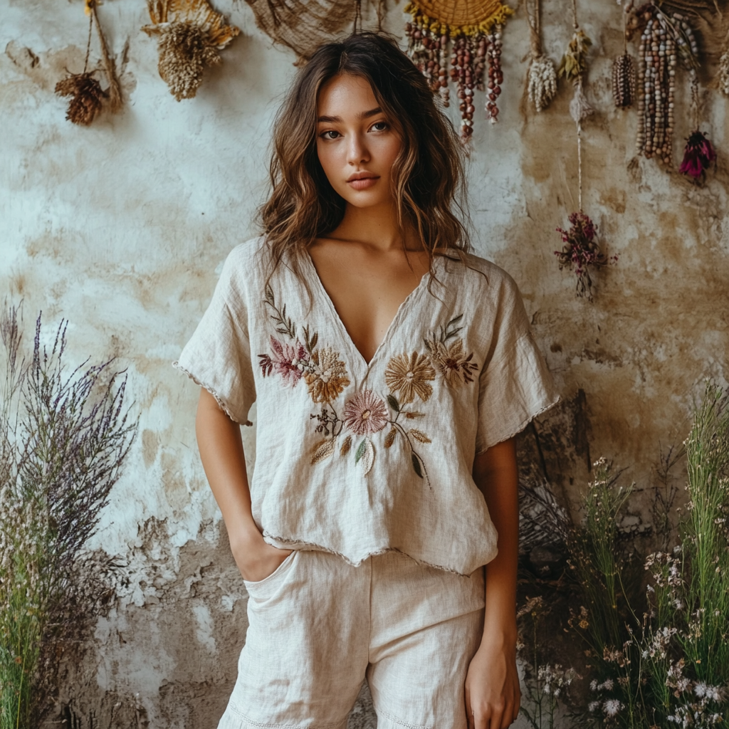 Women's Vintage Bohemian Floral Print V Neck T-shirt elevenforest