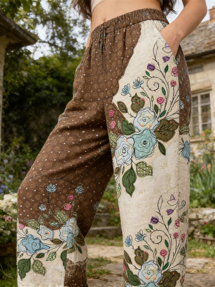 Vintage Boho Floral Patchwork Pattern Women's Linen Trousers elevenforest