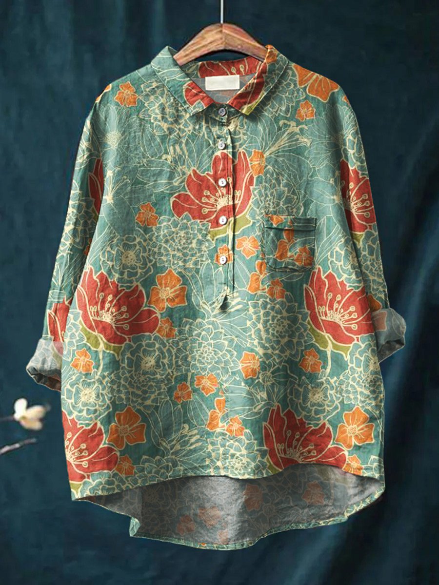Women's Floral Art Print Casual Cotton And Linen Shirt