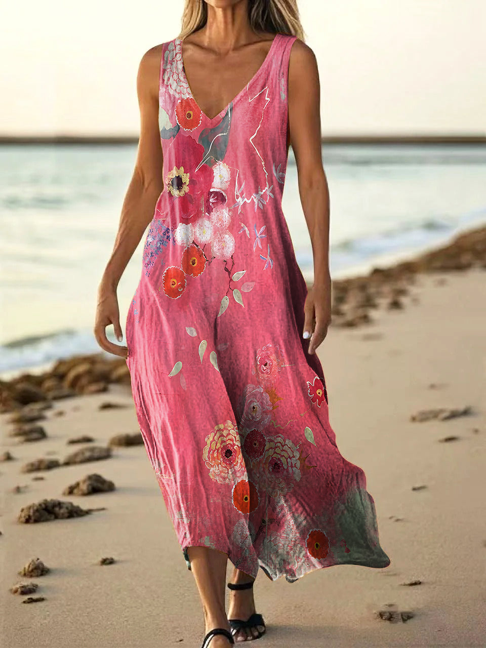 Women's Folk Art Floral Print V-neck Sleeveless Pocket Cotton Dress