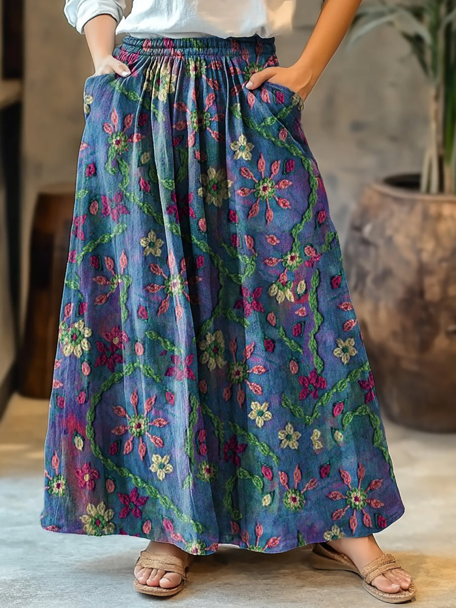 Women's Folk Floral Art Pattern Print Cotton Pocket Skirt