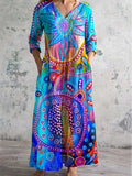 Women's V-Neck Colorful Bohemian Geometric Pattern Cotton And Linen Dr