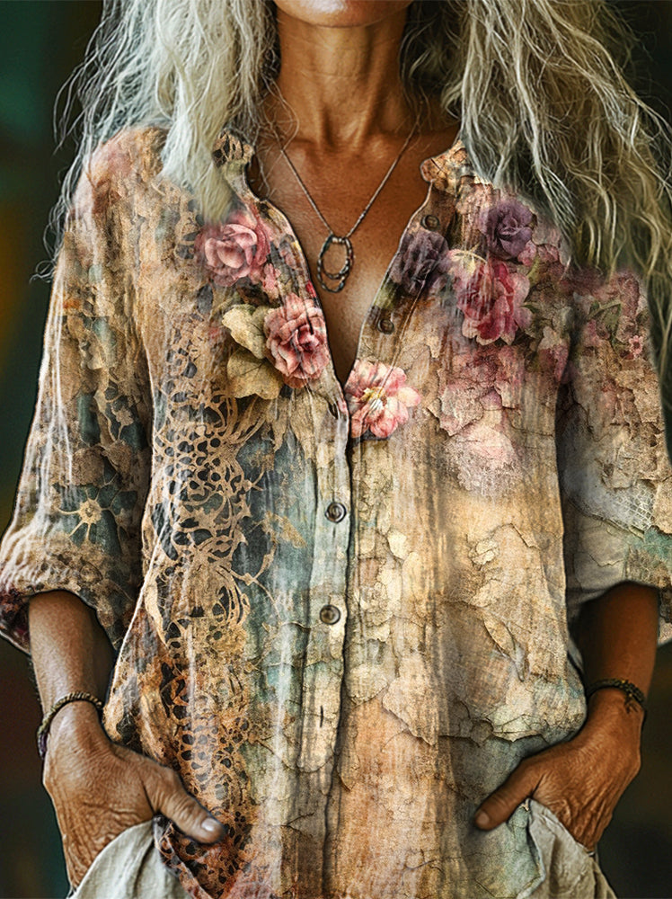 Women's Vintage Floral Art Patterns Print Linen And Cotton V-neck Casu