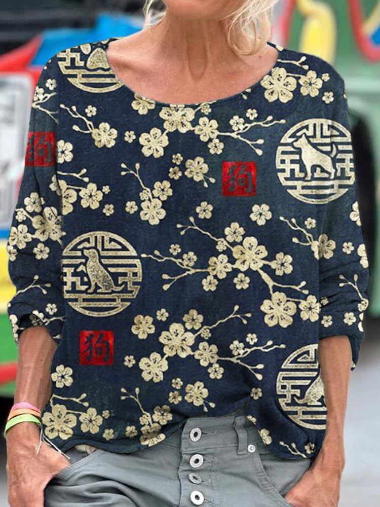 Comstylish Japanese Sakura & Pet Dog Women's Linen Shirt