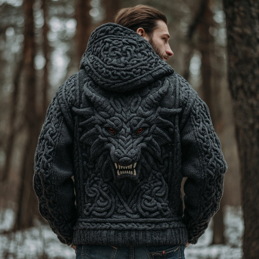 Men's Viking Dragon Style Celtic Art Knit Hooded Zip-up Sweater artswardrobe