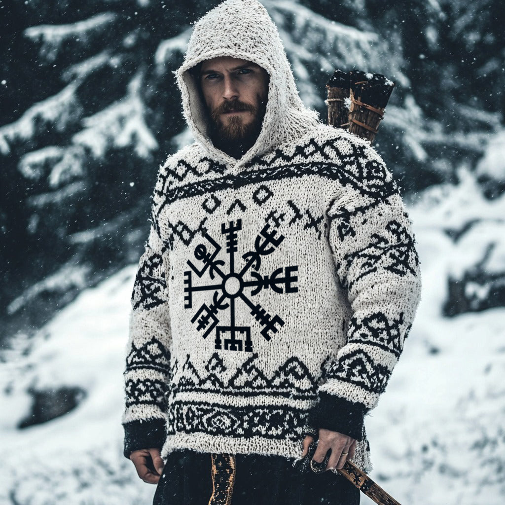 Men's Viking Runes Inspired Knit Hooded Sweater artswardrobe