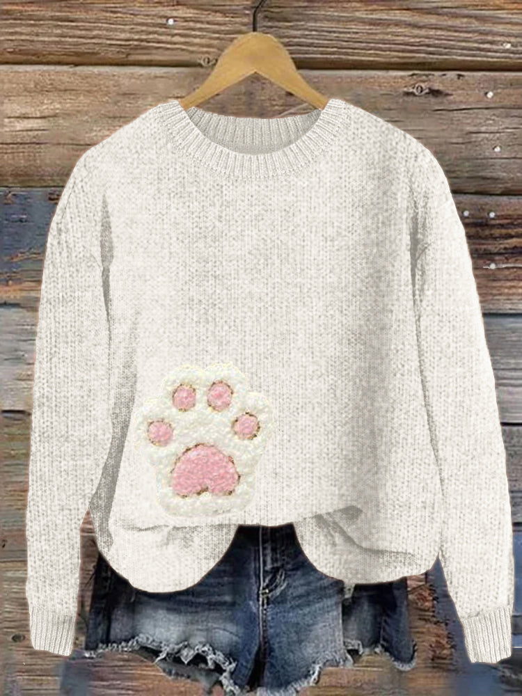 Fuzzy Cat Paw Fleece Applique Cozy Knit Sweater elevenforest