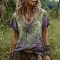 Vintage Flower Embroidery V-neck Short Sleeve Linen T-shirt elevenforest