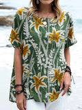 Women's Elegant Floral Round Neck Cotton and Linen Top