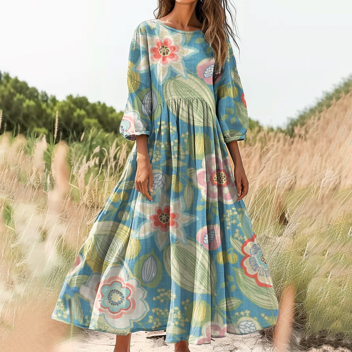 Women's Floral Art Print Cotton Crew Neck Dress