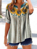 Women's Bohemian Floral Art Print Casual Cotton And Linen Shirt