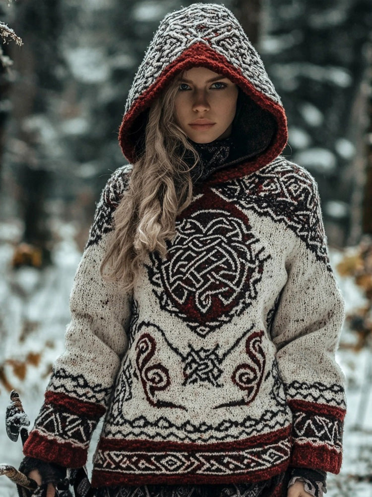 Viking Inspired Embroidered Cozy Chunky Hooded Sweater artswardrobe