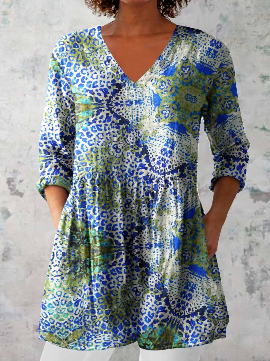 Women's Elegant Floral Pattern Round Neck Cotton and Linen Top
