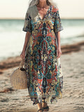Women's National Style Art Print Pocket V-neck Cotton Dress