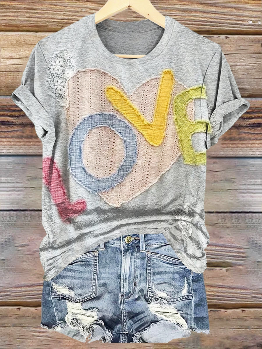 Women's Valentine's Day Vintage Love Patchwork Print Crew Neck T-shirt