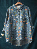 Women's Floral Art Print Casual Cotton And Linen Shirt