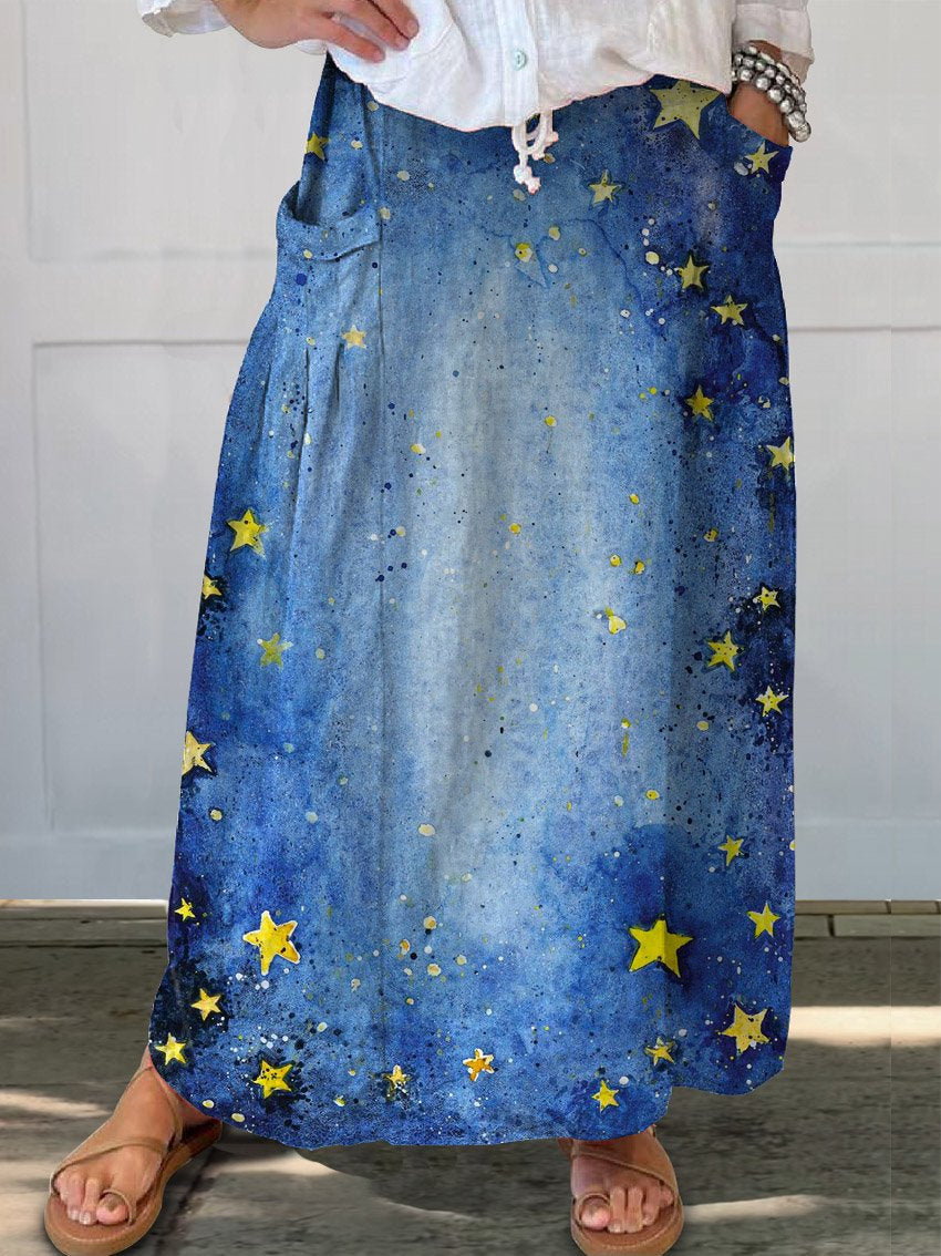 Women's Vintage Lovely Stars Pattern Art Print Linen Pocket Skirt
